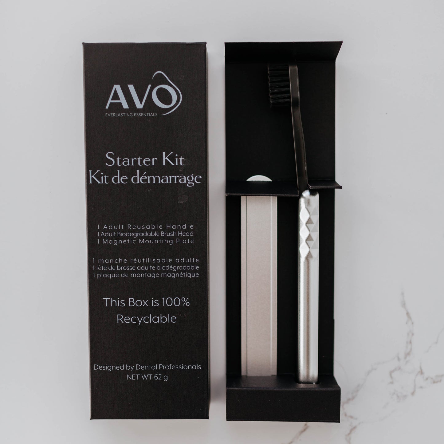 Starter Kit Aluminum Brush Handle and Biodegradable Brush, Front side and Inside of Packaging