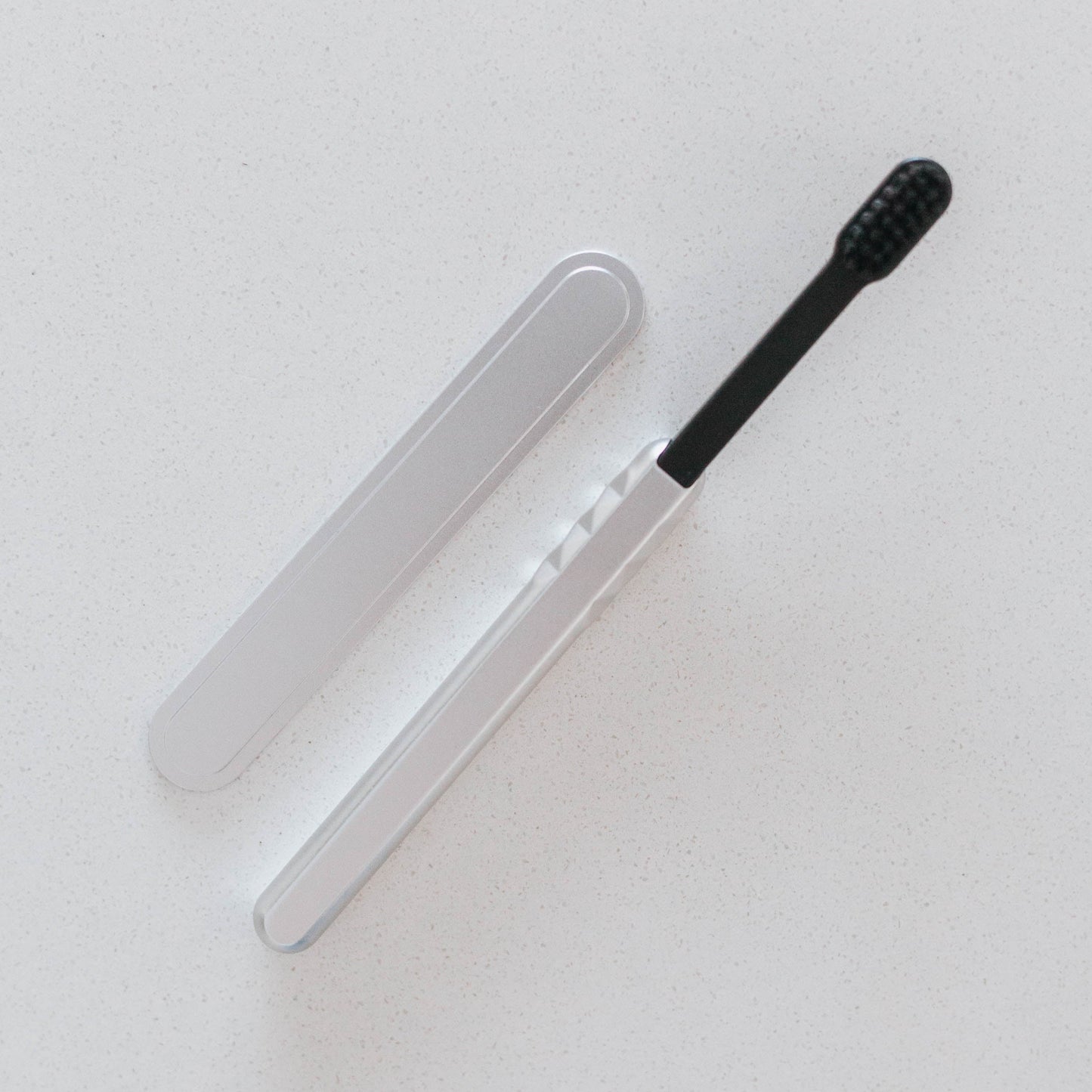 Starter Kit Aluminum Brush Handle and Biodegradable Brush presented with Magnetic Strip, Silver