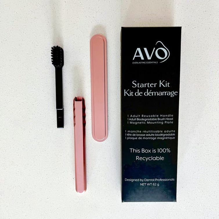 Starter Kit Rose Gold Aluminum Brush Handle and Biodegradable Brush presented with Magnetic Strip and Packaging