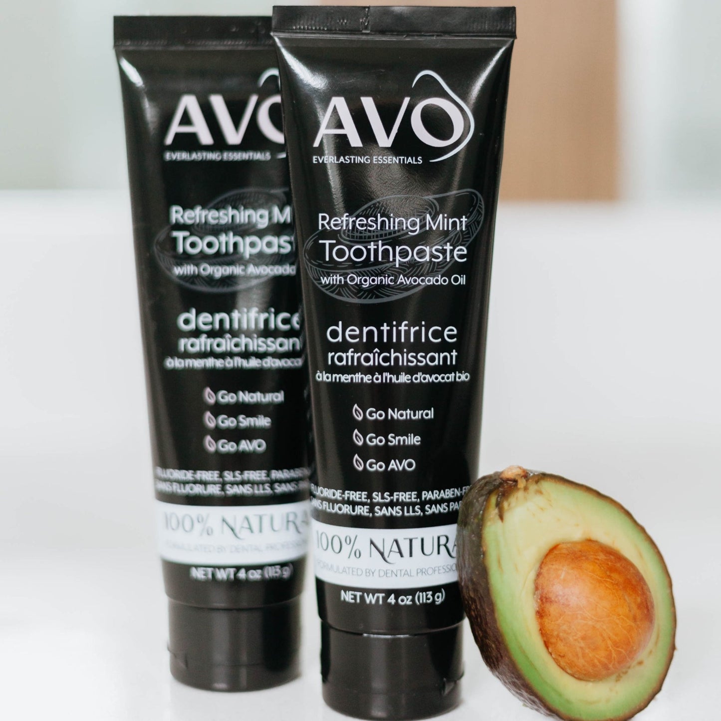 Refreshing mint toothpaste, fluoride free toothpaste, facing foreword, made with avocado oil