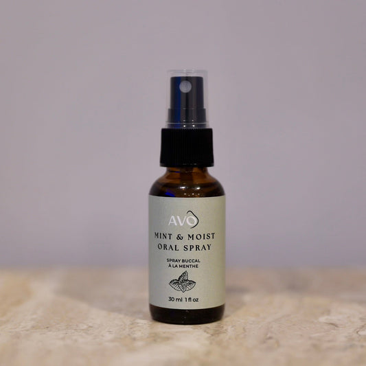 Bottle facing forward is Avo's mint and moist oral spray made with Water/eau, xylitol, organic gratissima (avocado) oil, steam distilled organic mentha piperita (peppermint) essential oil, syzygium aromaticum (clove) essential oil