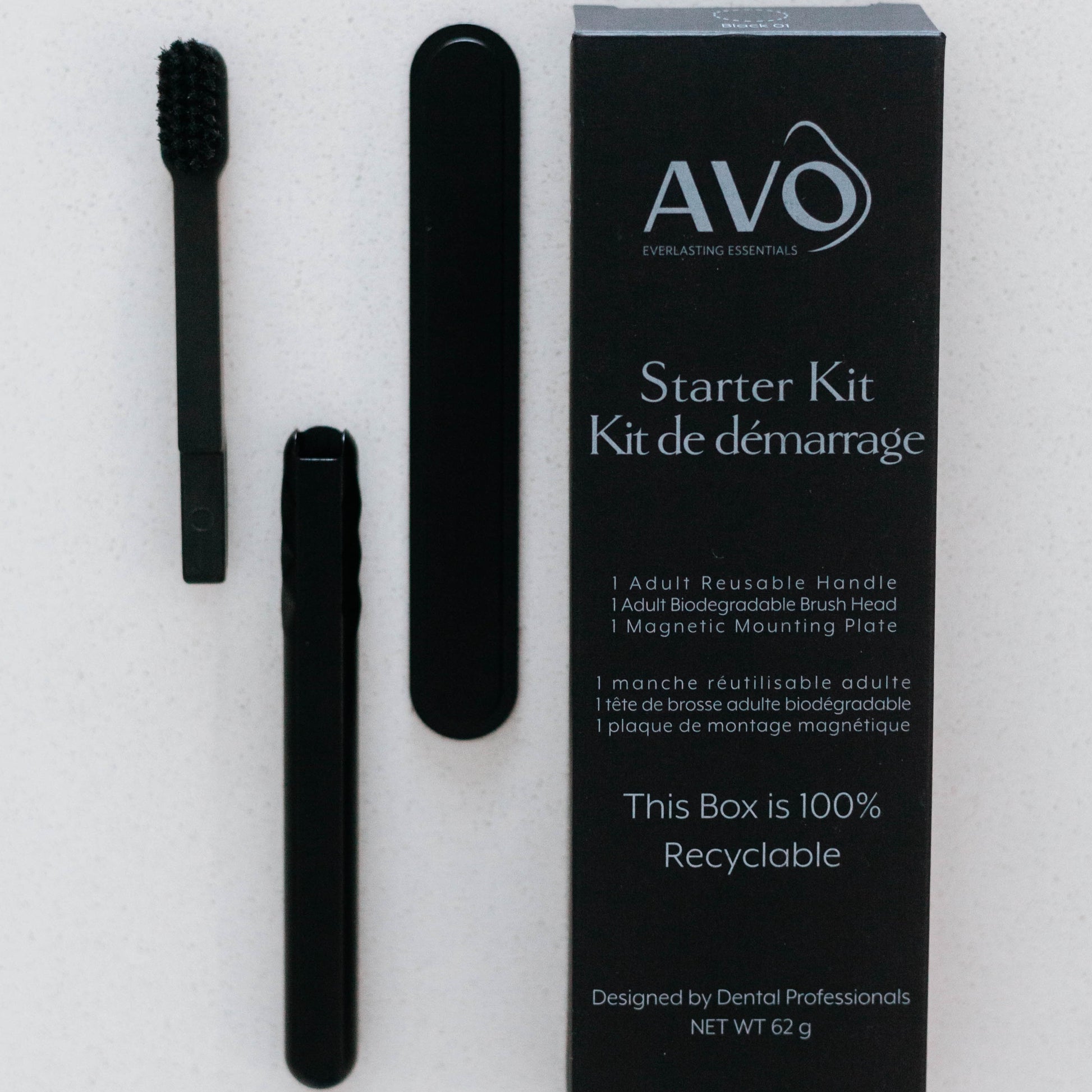 Starter Kit Black Aluminum Brush Handle and Biodegradable Brush presented with Magnetic Strip and Packaging
