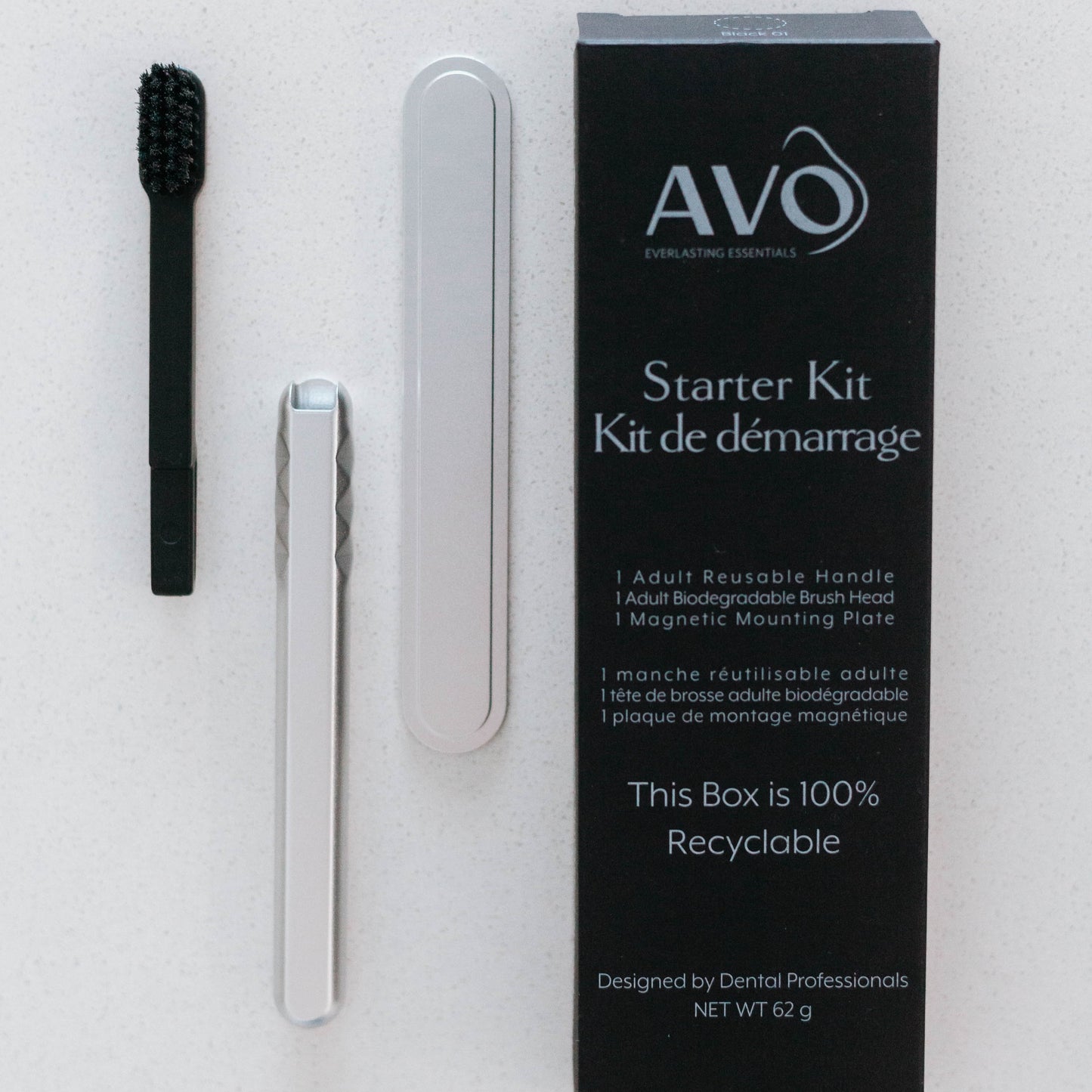 Starter Kit Silver Aluminum Brush Handle and Biodegradable Brush presented with Magnetic Strip and Packaging
