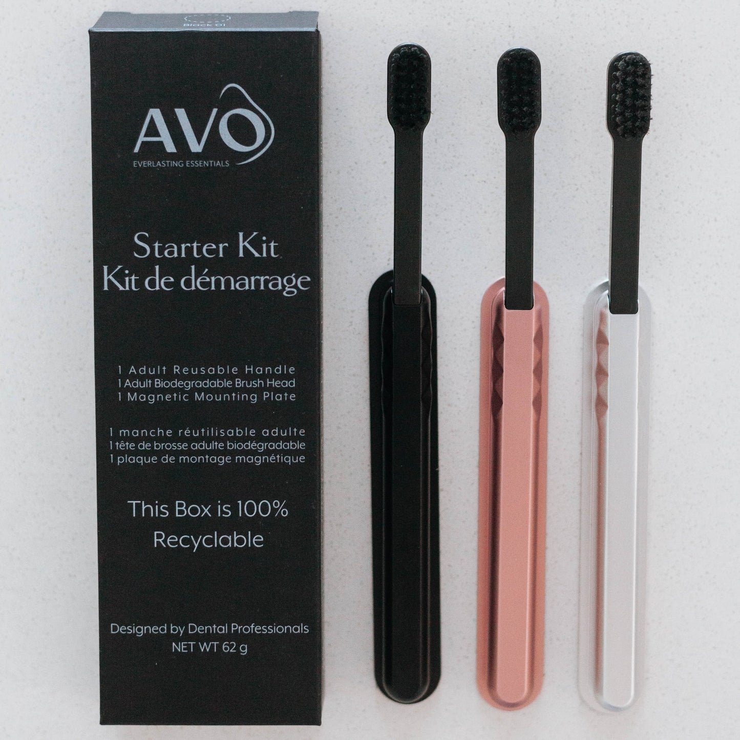 Starter Kit Black, Rose Gold, Silver Aluminum Brush Handle and Biodegradable Brush presented with Magnetic Strip and Packaging